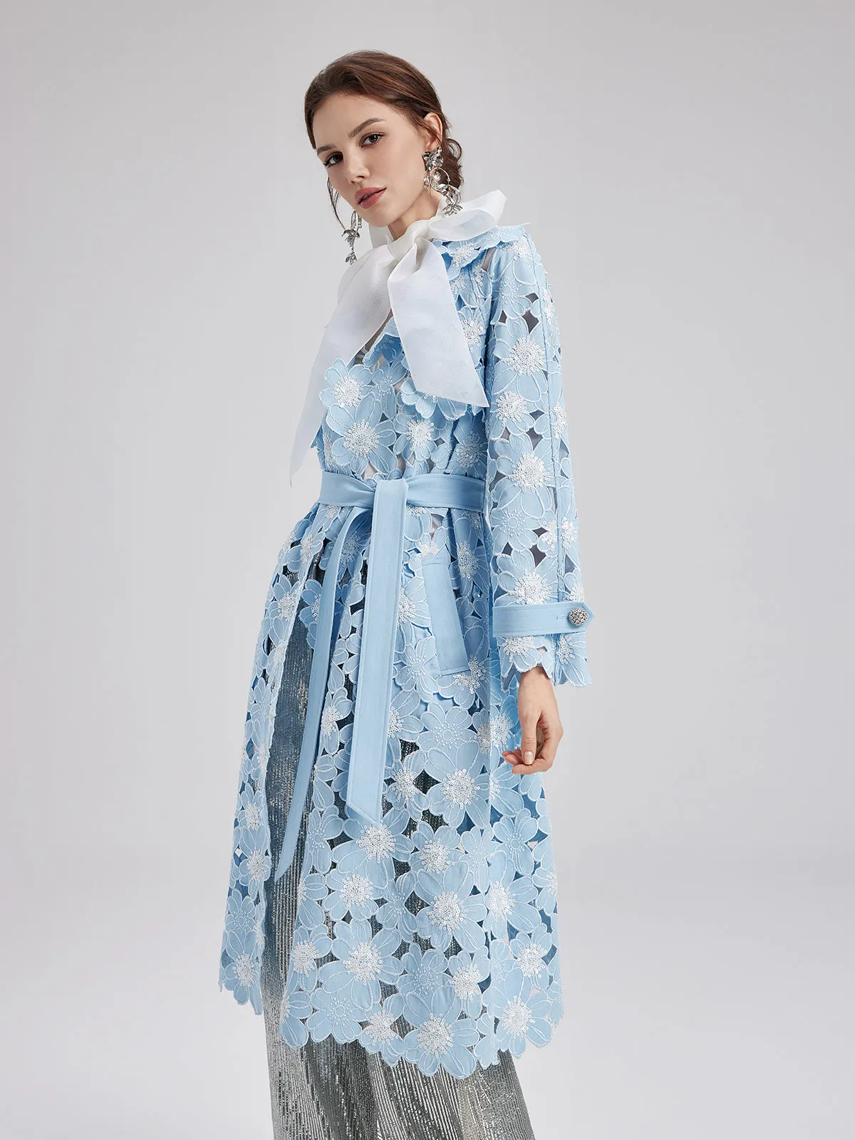 Tencel Cotton Floral Embroidered Trench Coat