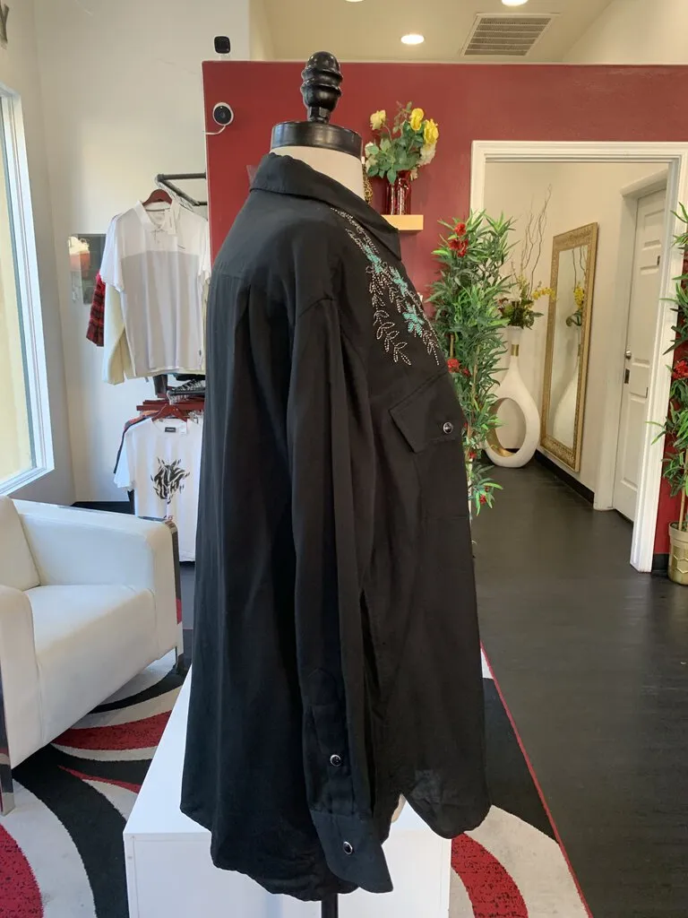 The Kooples Black L/S Western Shirt w/ Floral Beading *orig retail $250*