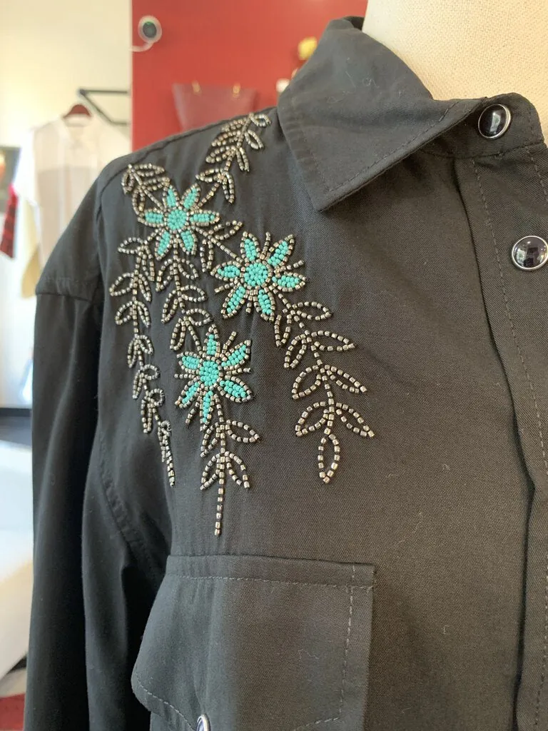 The Kooples Black L/S Western Shirt w/ Floral Beading *orig retail $250*