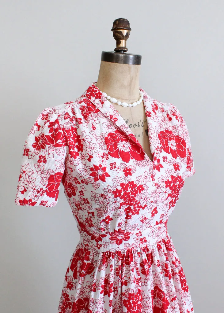 Vintage Late 1930s Floral Pique Cotton Swing Dress