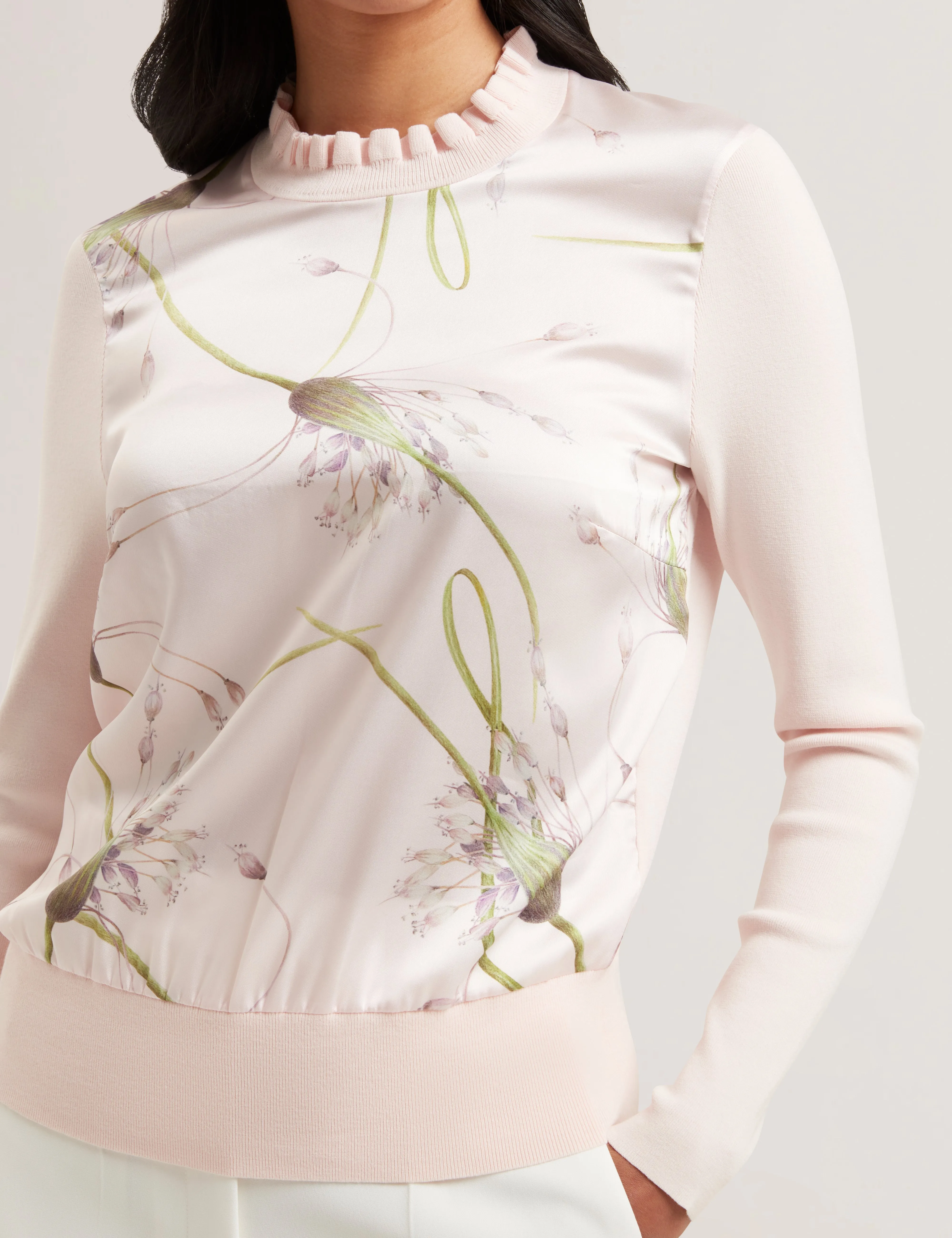 Vivvyan Printed Woven Front High Neck Sweater Petal Pink