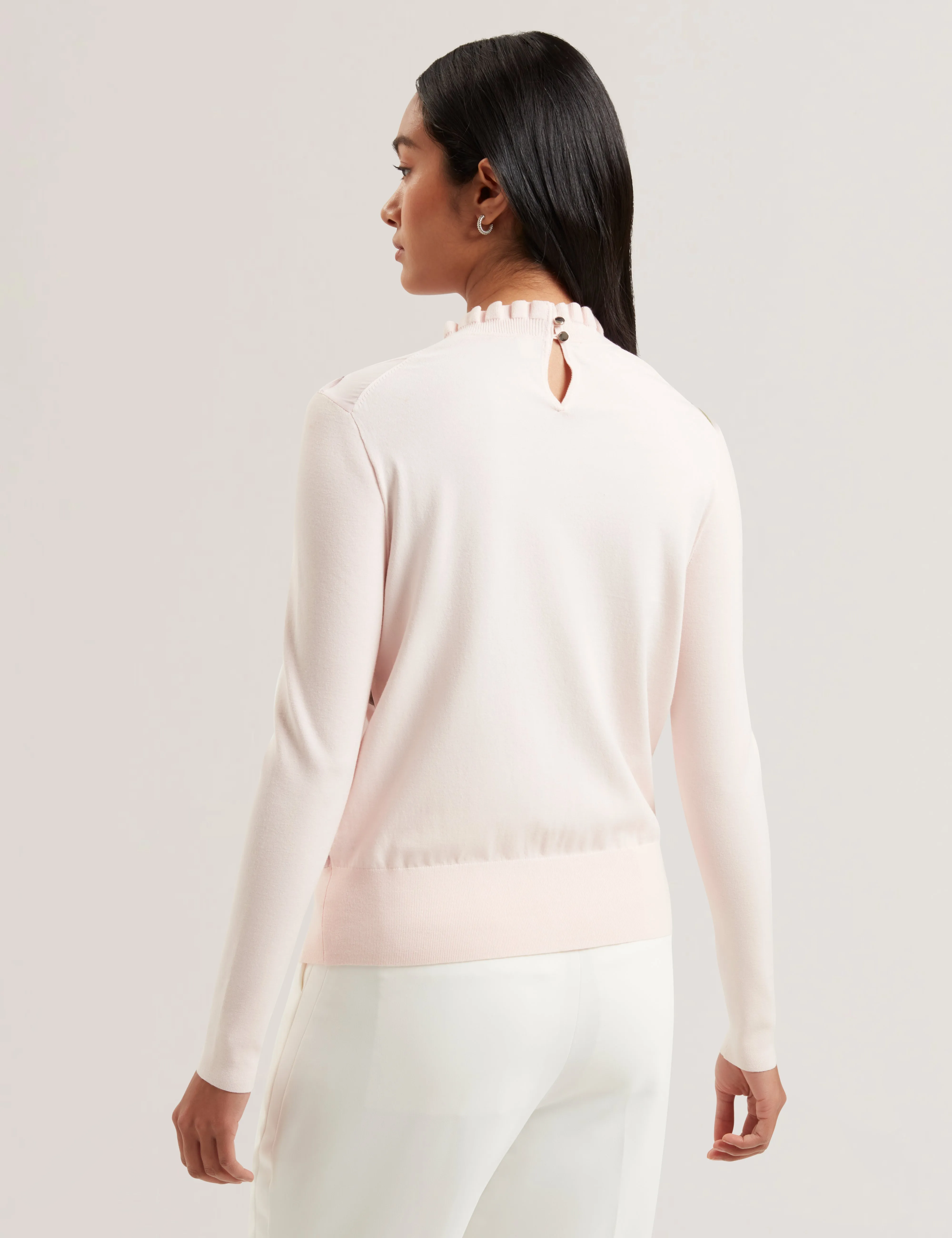Vivvyan Printed Woven Front High Neck Sweater Petal Pink