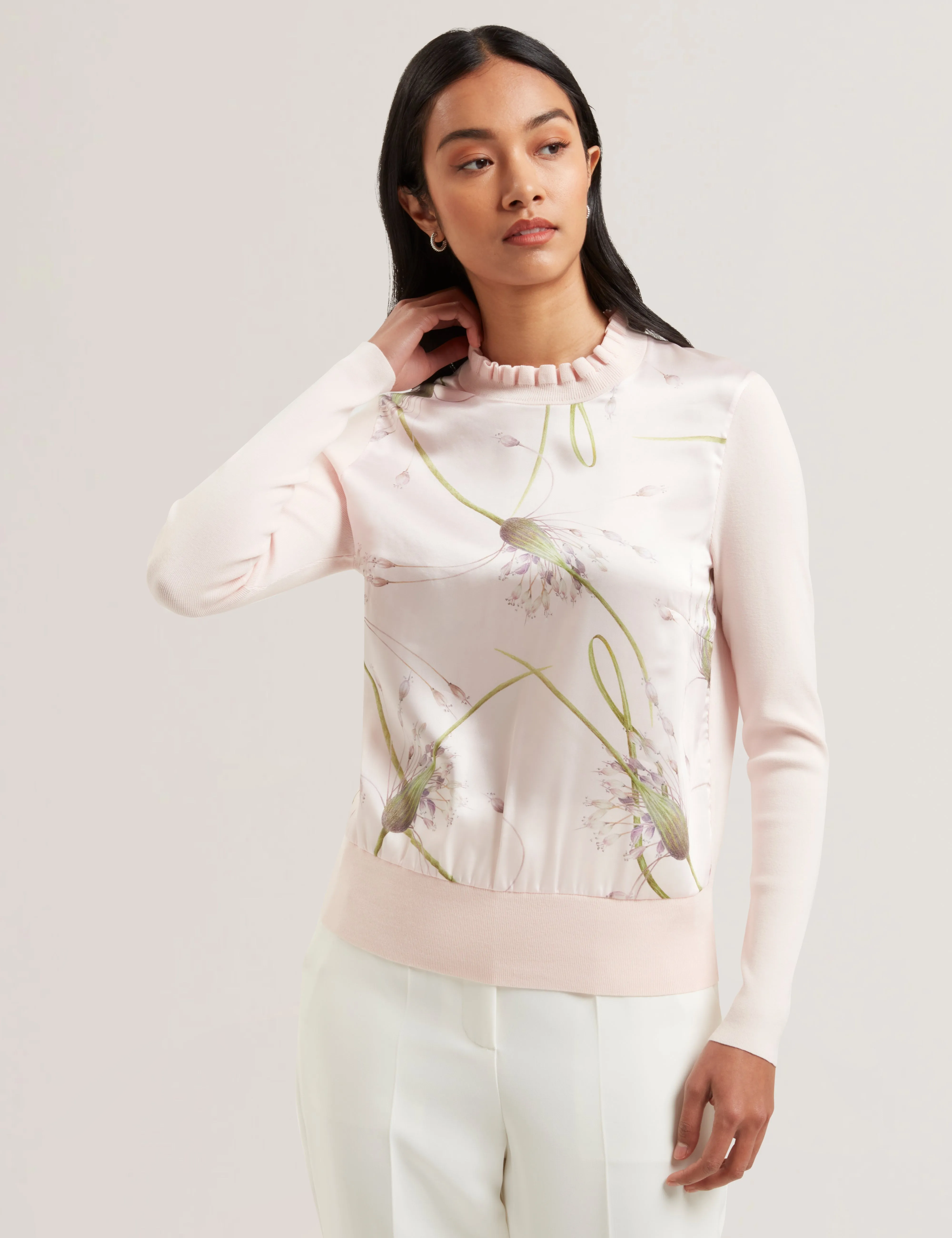 Vivvyan Printed Woven Front High Neck Sweater Petal Pink