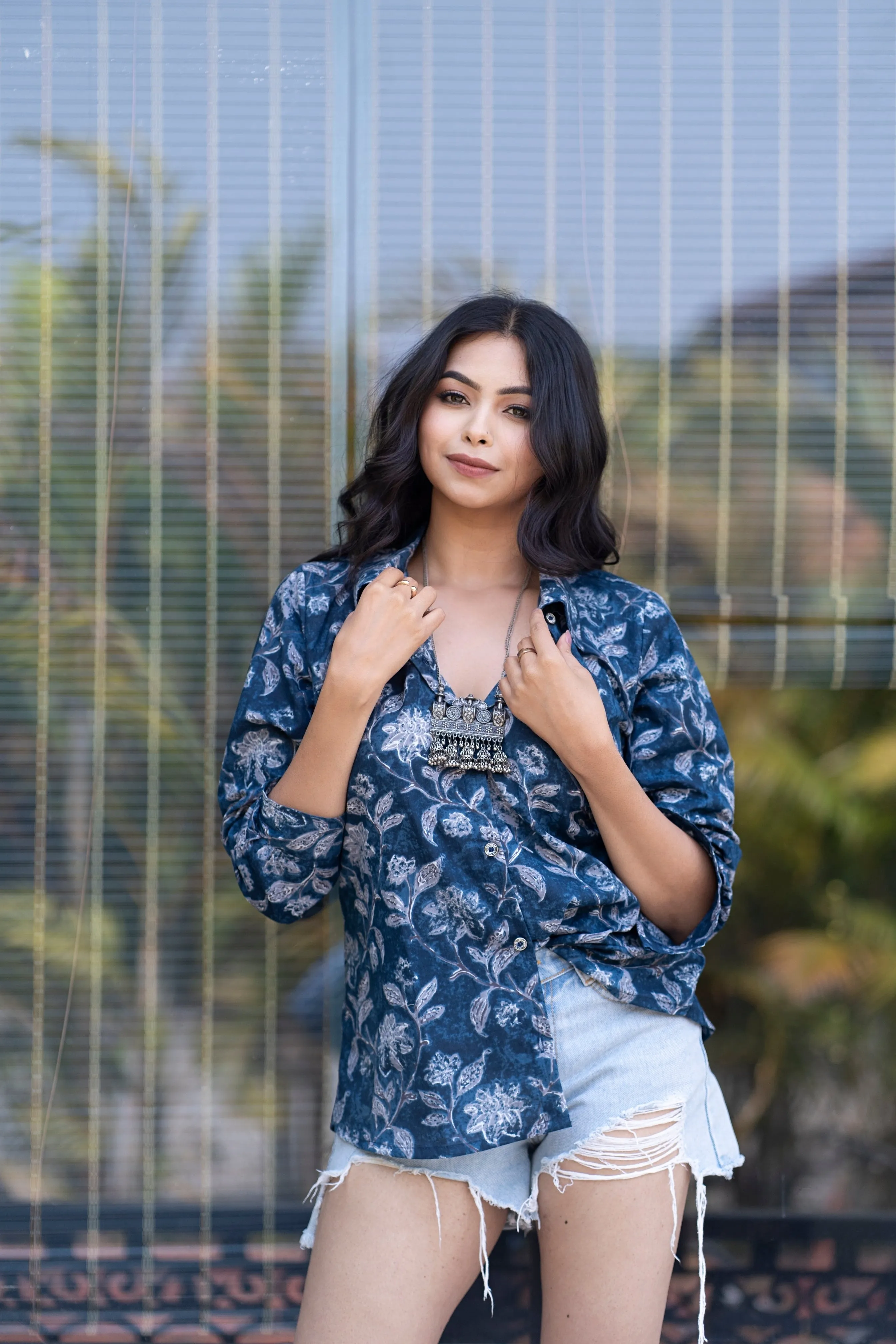 Women Button Down Shirt Long Sleeves for Summer - Blue