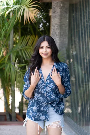 Women Button Down Shirt Long Sleeves for Summer - Blue