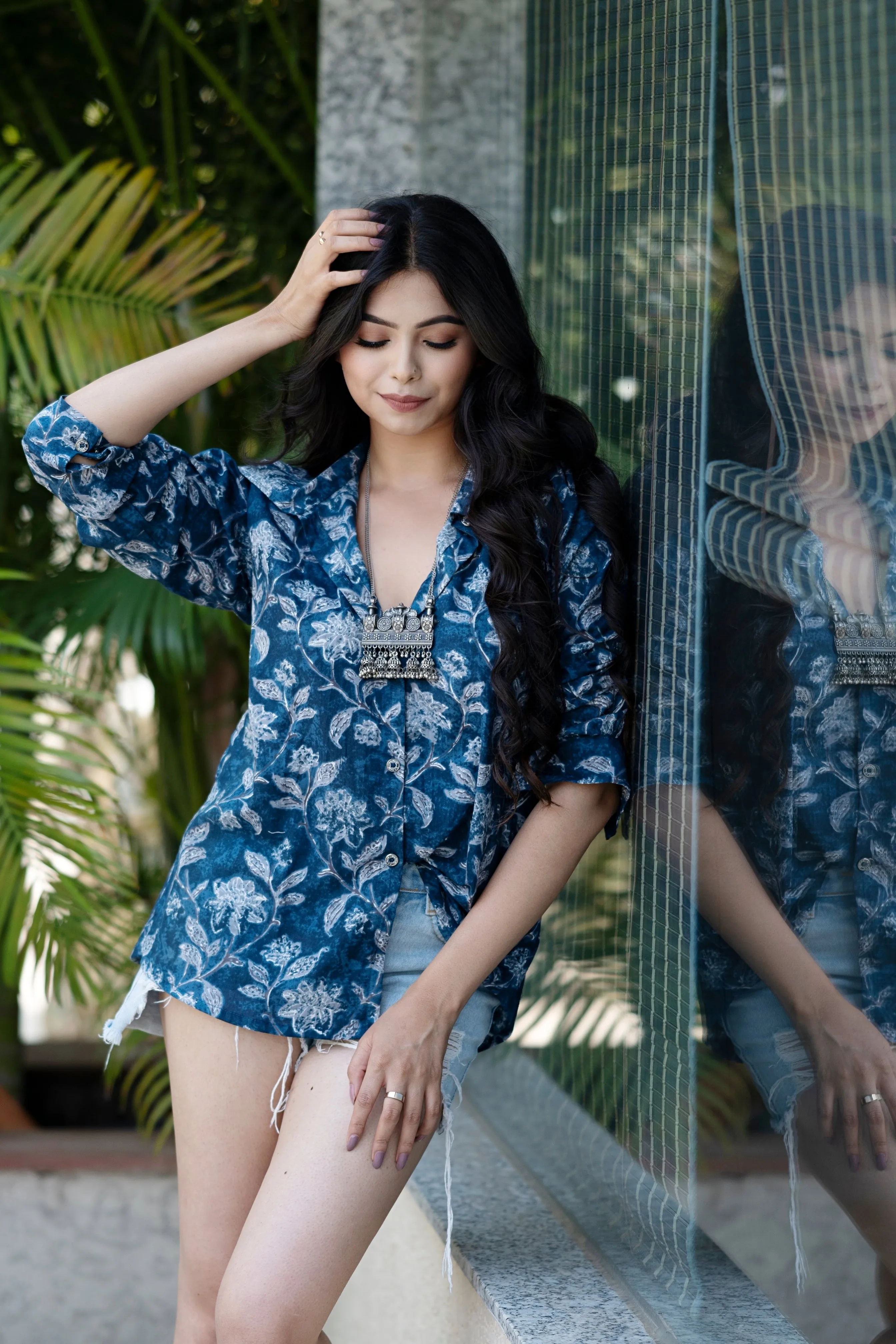 Women Button Down Shirt Long Sleeves for Summer - Blue