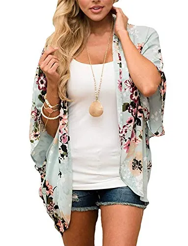 Women Floral Cardigans Chiffon Casual Loose Open Front Cover Ups Tops