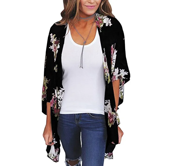 Women Floral Cardigans Chiffon Casual Loose Open Front Cover Ups Tops