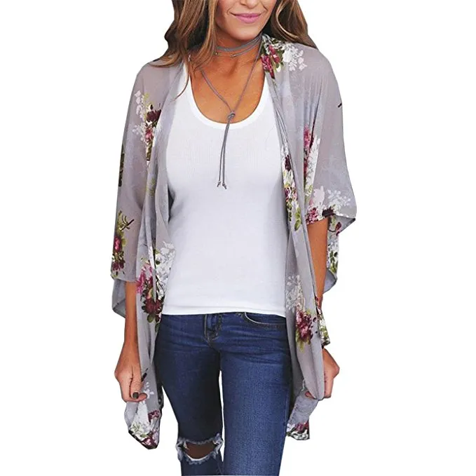 Women Floral Cardigans Chiffon Casual Loose Open Front Cover Ups Tops