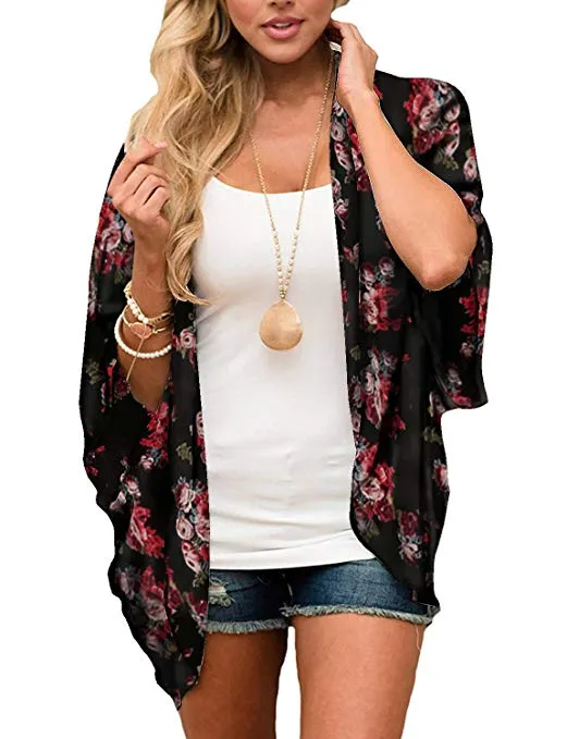 Women Floral Cardigans Chiffon Casual Loose Open Front Cover Ups Tops