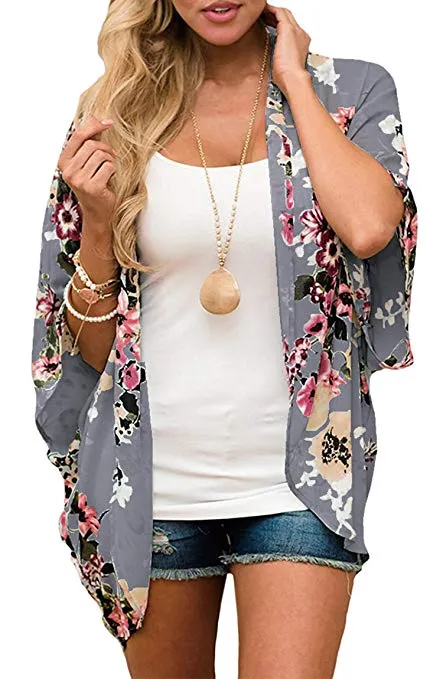 Women Floral Cardigans Chiffon Casual Loose Open Front Cover Ups Tops