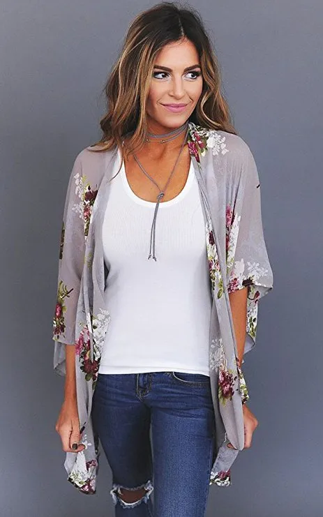 Women Floral Cardigans Chiffon Casual Loose Open Front Cover Ups Tops