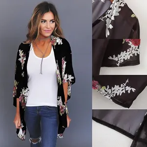 Women Floral Cardigans Chiffon Casual Loose Open Front Cover Ups Tops