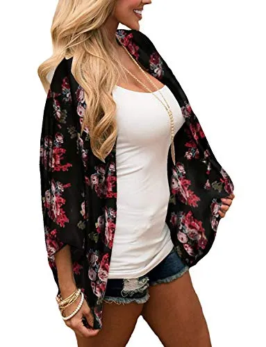 Women Floral Cardigans Chiffon Casual Loose Open Front Cover Ups Tops