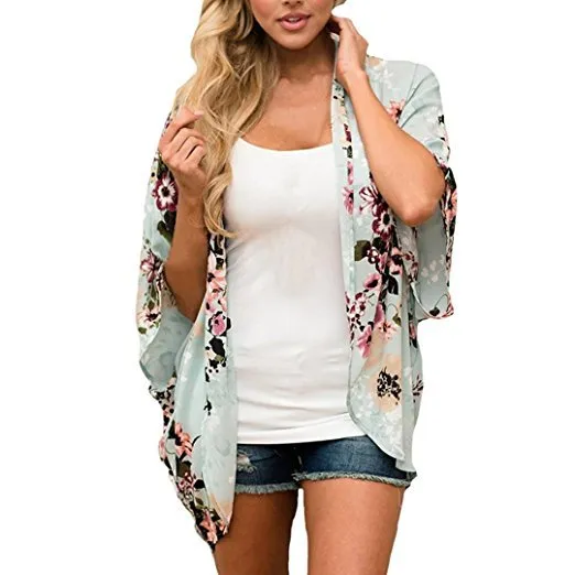 Women Floral Cardigans Chiffon Casual Loose Open Front Cover Ups Tops