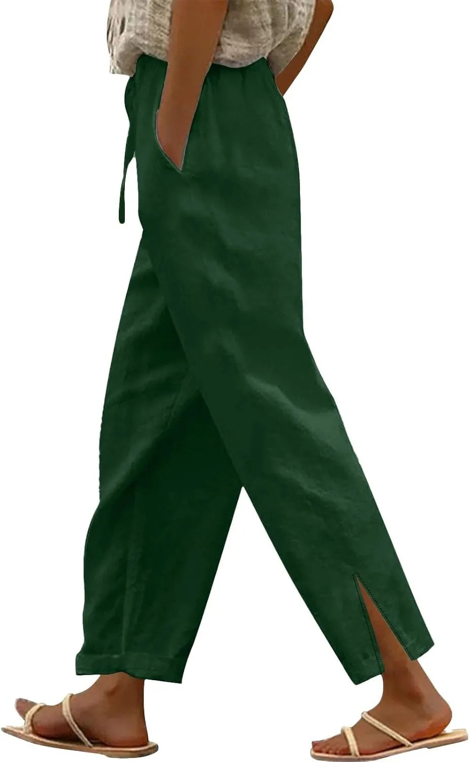 Women Linen Pants 2025 Summer Straight Leg High Waisted Side Split Lounge Pants Lightweight Baggy Beach Trouser w/Pockets