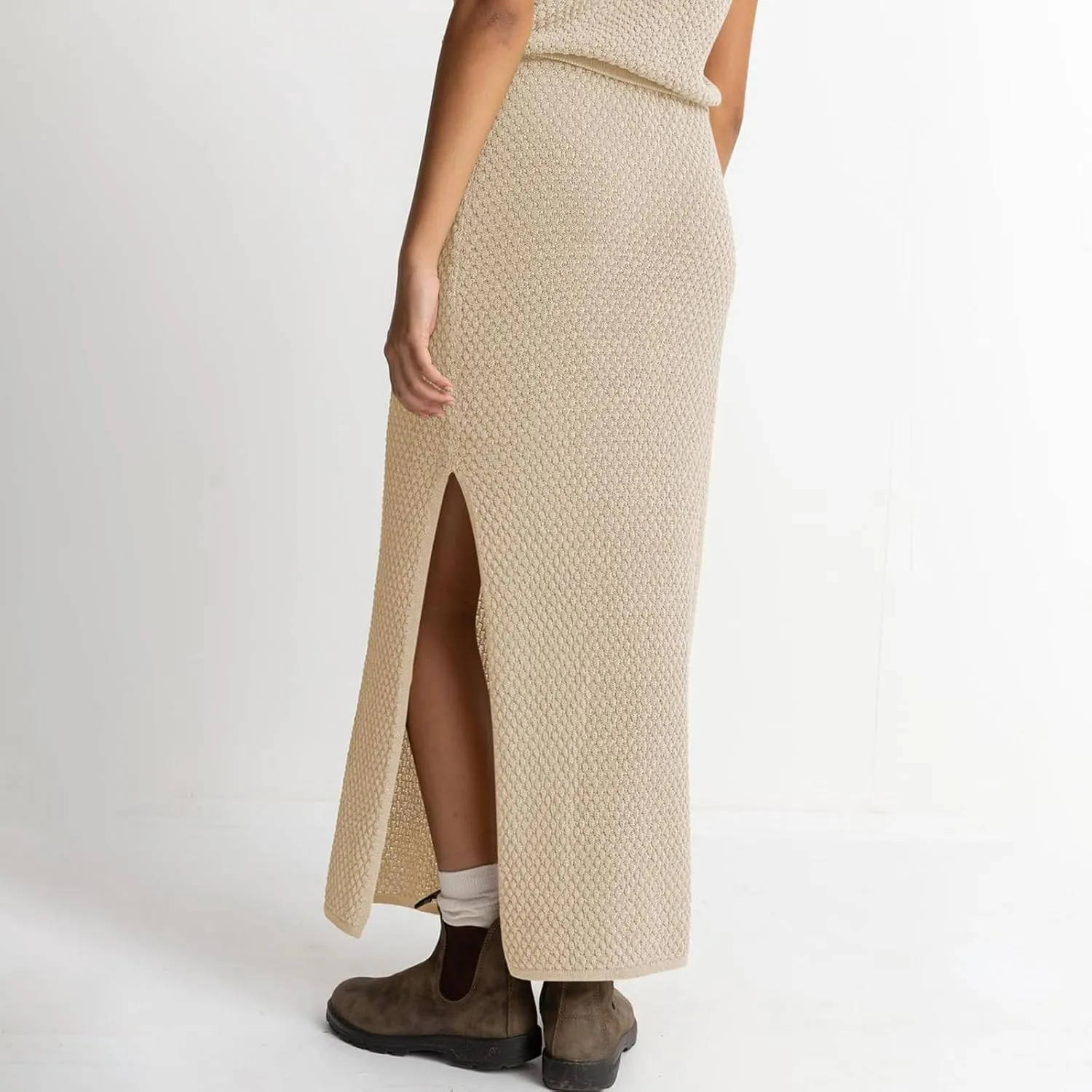 Women Summer 2 Piece Skirt Outfit V Neck Button Tank Top Vest Bodycon Knit Maxi Long Skirt Set Waffle Dress Suit