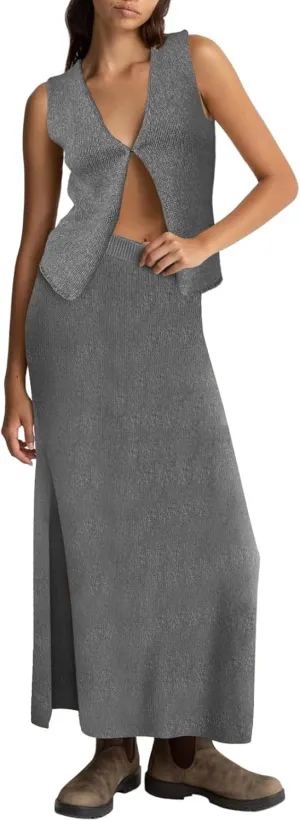 Women Summer 2 Piece Skirt Outfit V Neck Button Tank Top Vest Bodycon Knit Maxi Long Skirt Set Waffle Dress Suit