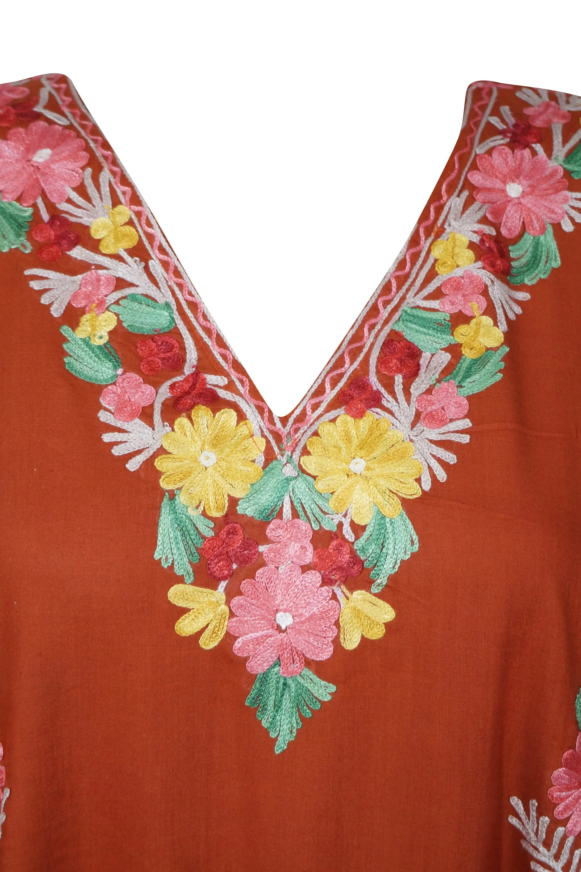 Womens Floral Embroidered Caftan, Kaftan Maxi Dresses, Orange Kimono Dresses, 3XL