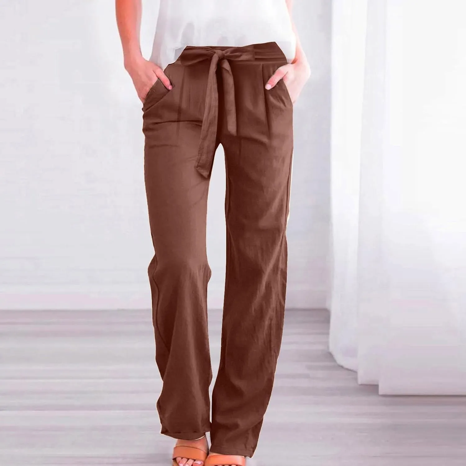 Women's Linen Pants Relaxed Fit High Waisted Plus Size Wide Leg Pants Tie Knot Causal Summer Beach Pant with Pockets