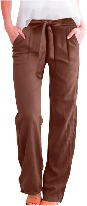Women's Linen Pants Relaxed Fit High Waisted Plus Size Wide Leg Pants Tie Knot Causal Summer Beach Pant with Pockets