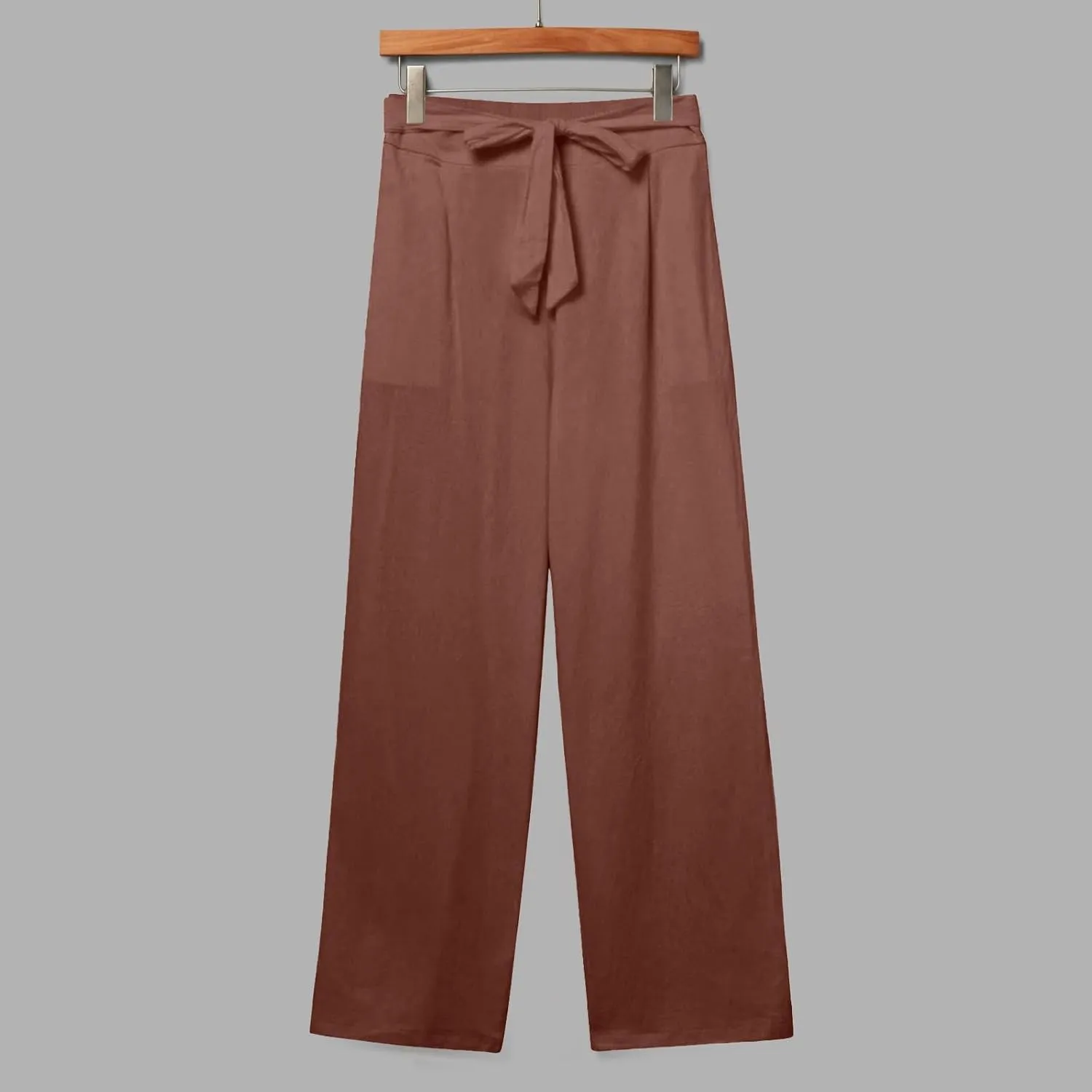 Women's Linen Pants Relaxed Fit High Waisted Plus Size Wide Leg Pants Tie Knot Causal Summer Beach Pant with Pockets