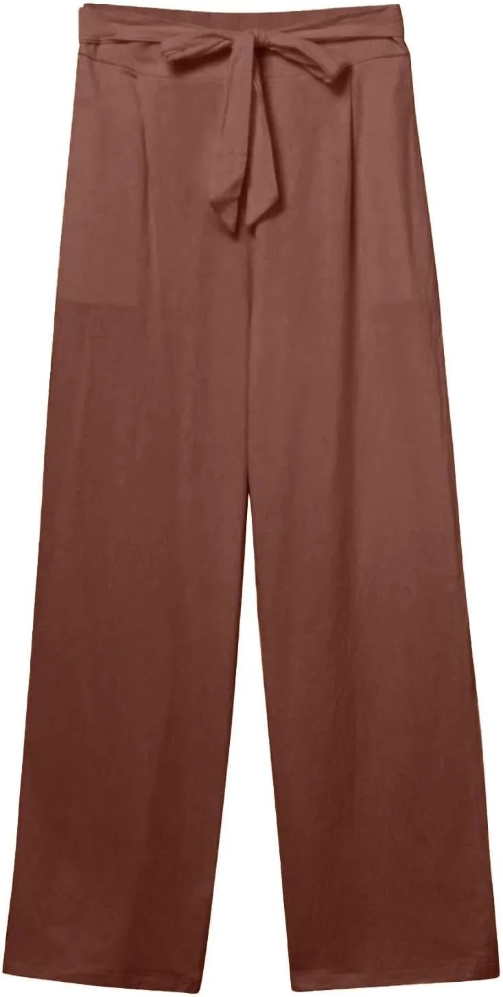 Women's Linen Pants Relaxed Fit High Waisted Plus Size Wide Leg Pants Tie Knot Causal Summer Beach Pant with Pockets