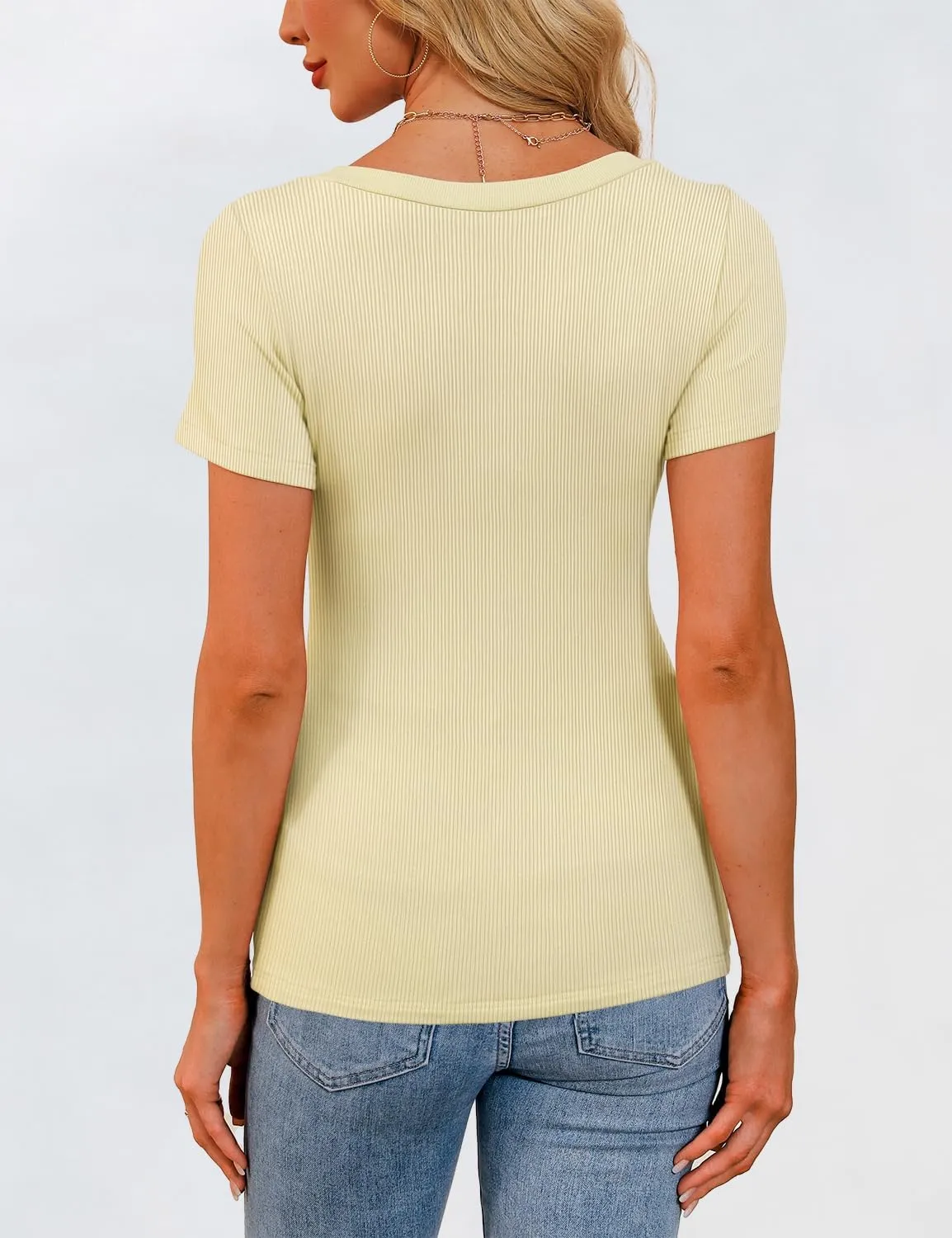 Womens Short Sleeve Tops Scoop Neck Ribbed Slim Fitted Basic Tee Shirts Cute Summer Tops 2025 Trendy Outfits