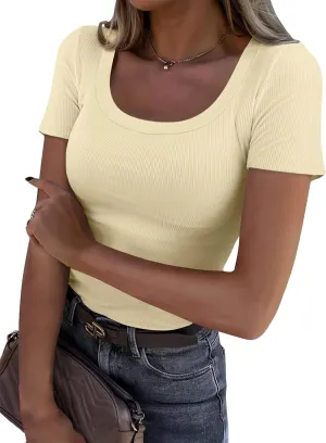 Womens Short Sleeve Tops Scoop Neck Ribbed Slim Fitted Basic Tee Shirts Cute Summer Tops 2025 Trendy Outfits
