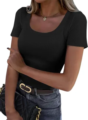 Womens Short Sleeve Tops Scoop Neck Ribbed Slim Fitted Basic Tee Shirts Cute Summer Tops 2025 Trendy Outfits