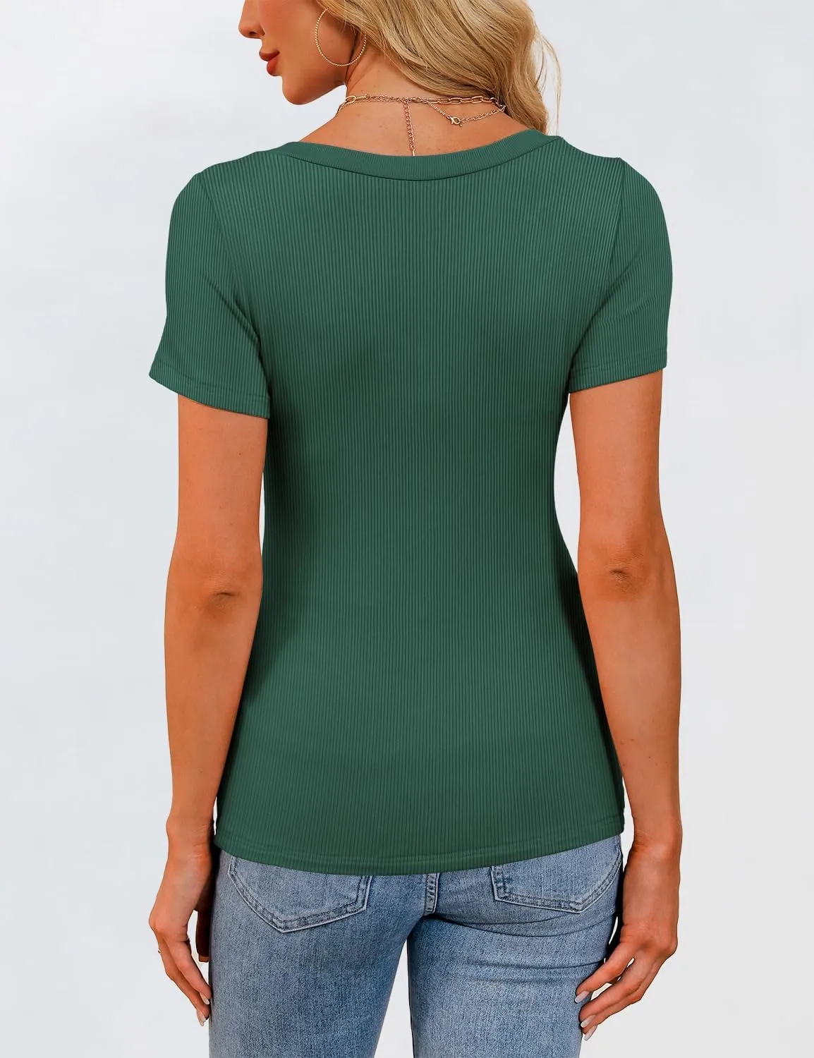 Womens Short Sleeve Tops Scoop Neck Ribbed Slim Fitted Basic Tee Shirts Cute Summer Tops 2025 Trendy Outfits