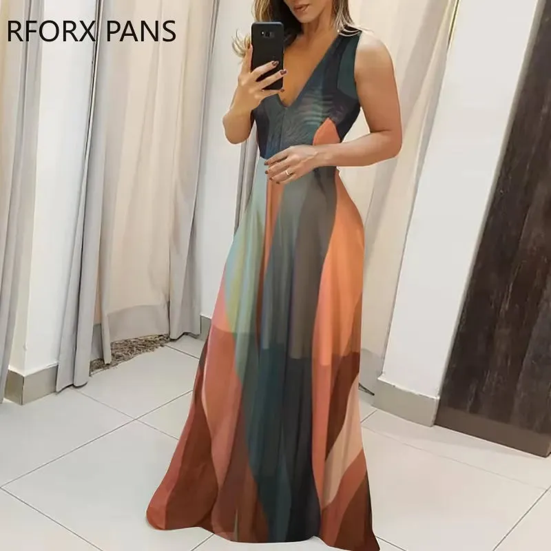 Women’s V-Neck Striped Colorblock Maxi Dress – Elegant Summer Spaghetti Strap Dress