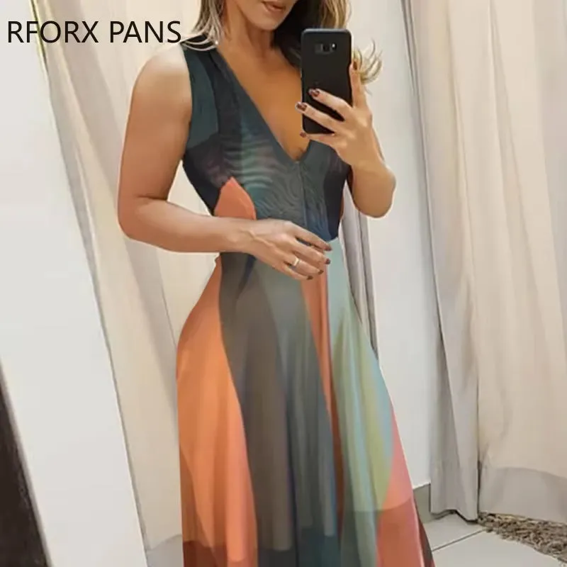 Women’s V-Neck Striped Colorblock Maxi Dress – Elegant Summer Spaghetti Strap Dress