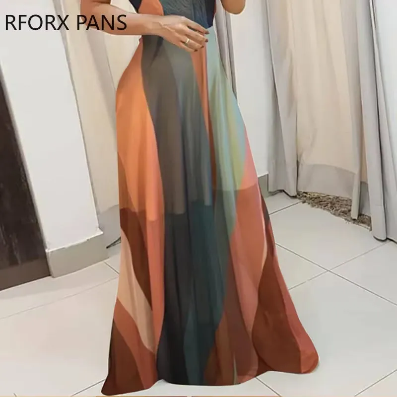 Women’s V-Neck Striped Colorblock Maxi Dress – Elegant Summer Spaghetti Strap Dress