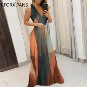 Women’s V-Neck Striped Colorblock Maxi Dress – Elegant Summer Spaghetti Strap Dress