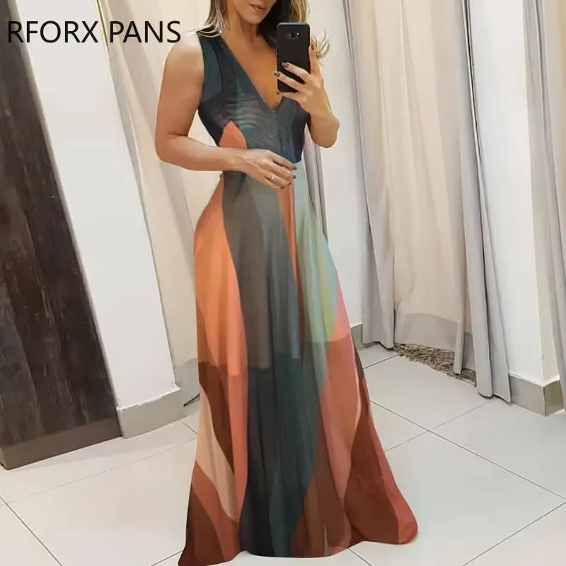 Women’s V-Neck Striped Colorblock Maxi Dress – Elegant Summer Spaghetti Strap Dress