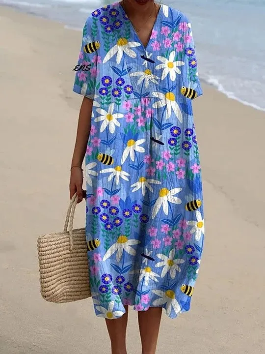 Women's Vintage Lovely Floral Bees Art Print Flowy Dress