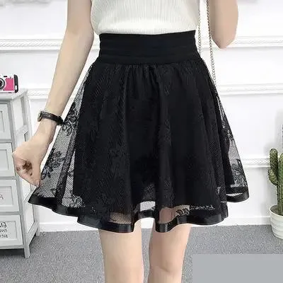 Zuolunouba New Casual Grid Cherry Blossoms Floral Lace Skirts Women A-line Mini Black Skirts Female High Waist Prevent Exposure