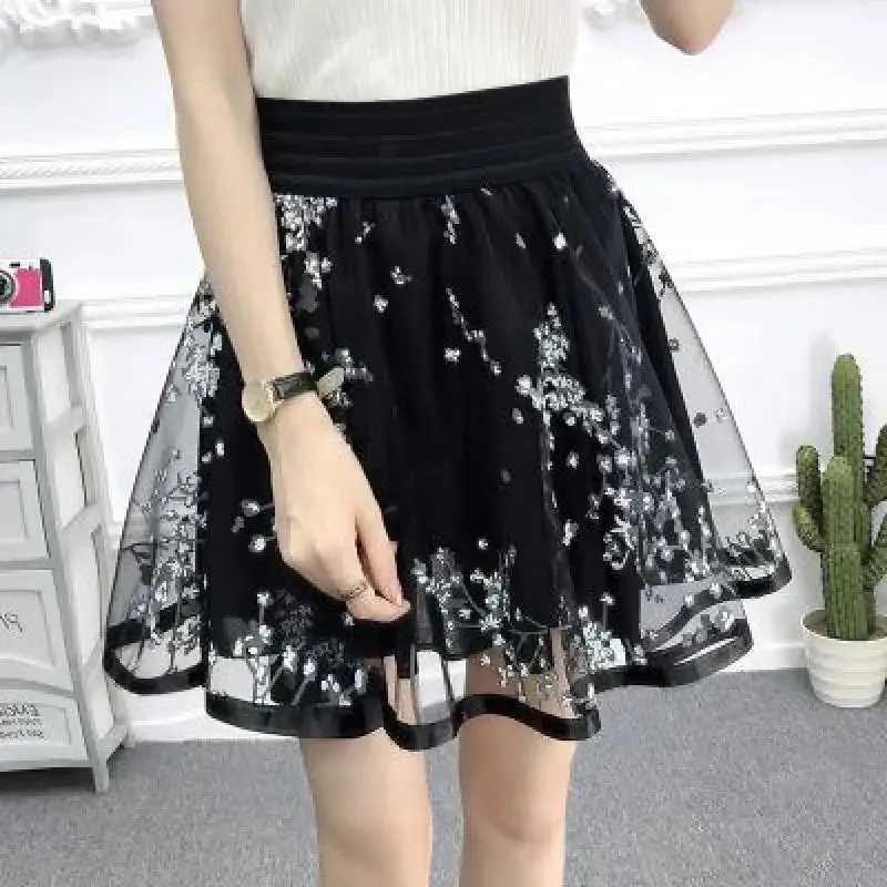Zuolunouba New Casual Grid Cherry Blossoms Floral Lace Skirts Women A-line Mini Black Skirts Female High Waist Prevent Exposure