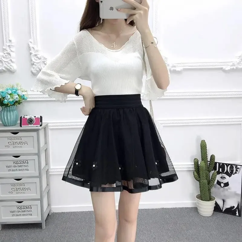 Zuolunouba New Casual Grid Cherry Blossoms Floral Lace Skirts Women A-line Mini Black Skirts Female High Waist Prevent Exposure