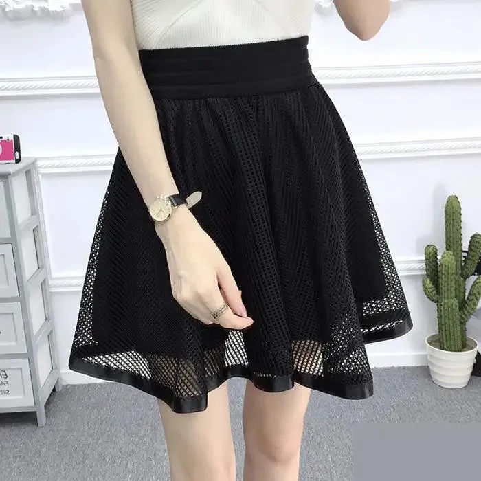 Zuolunouba New Casual Grid Cherry Blossoms Floral Lace Skirts Women A-line Mini Black Skirts Female High Waist Prevent Exposure