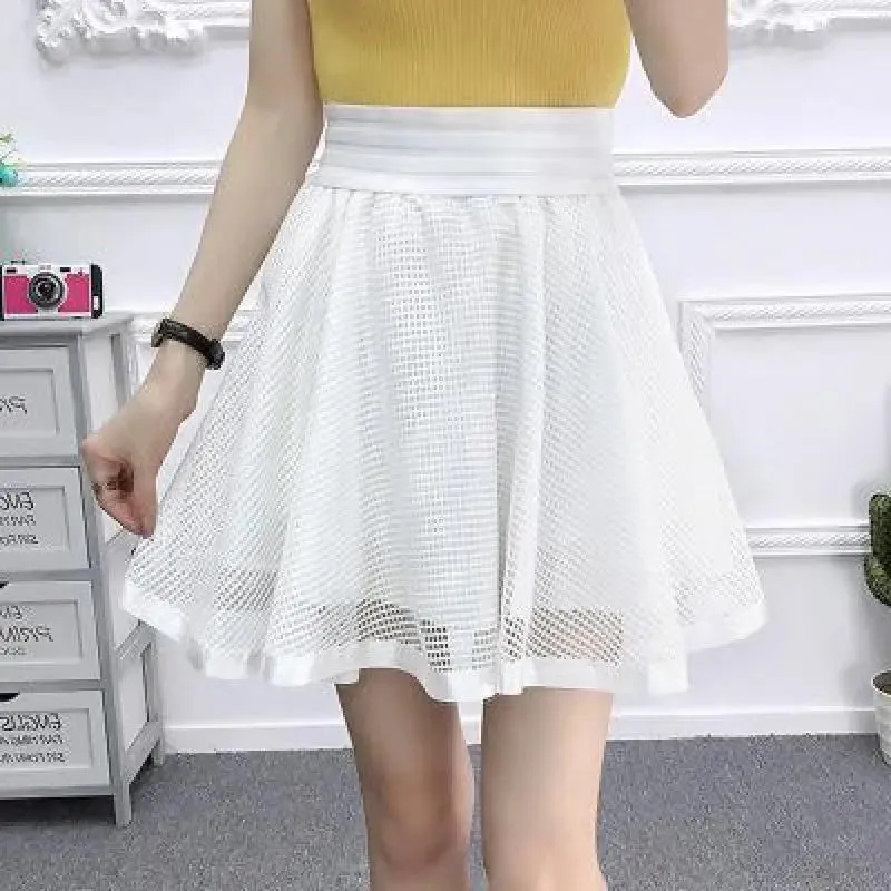Zuolunouba New Casual Grid Cherry Blossoms Floral Lace Skirts Women A-line Mini Black Skirts Female High Waist Prevent Exposure
