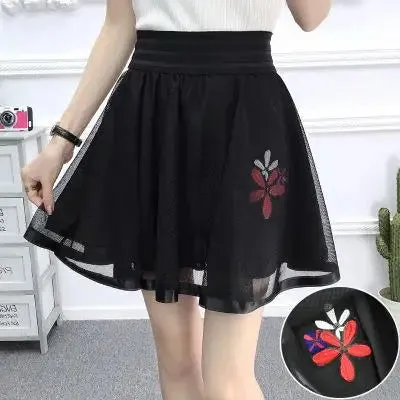 Zuolunouba New Casual Grid Cherry Blossoms Floral Lace Skirts Women A-line Mini Black Skirts Female High Waist Prevent Exposure